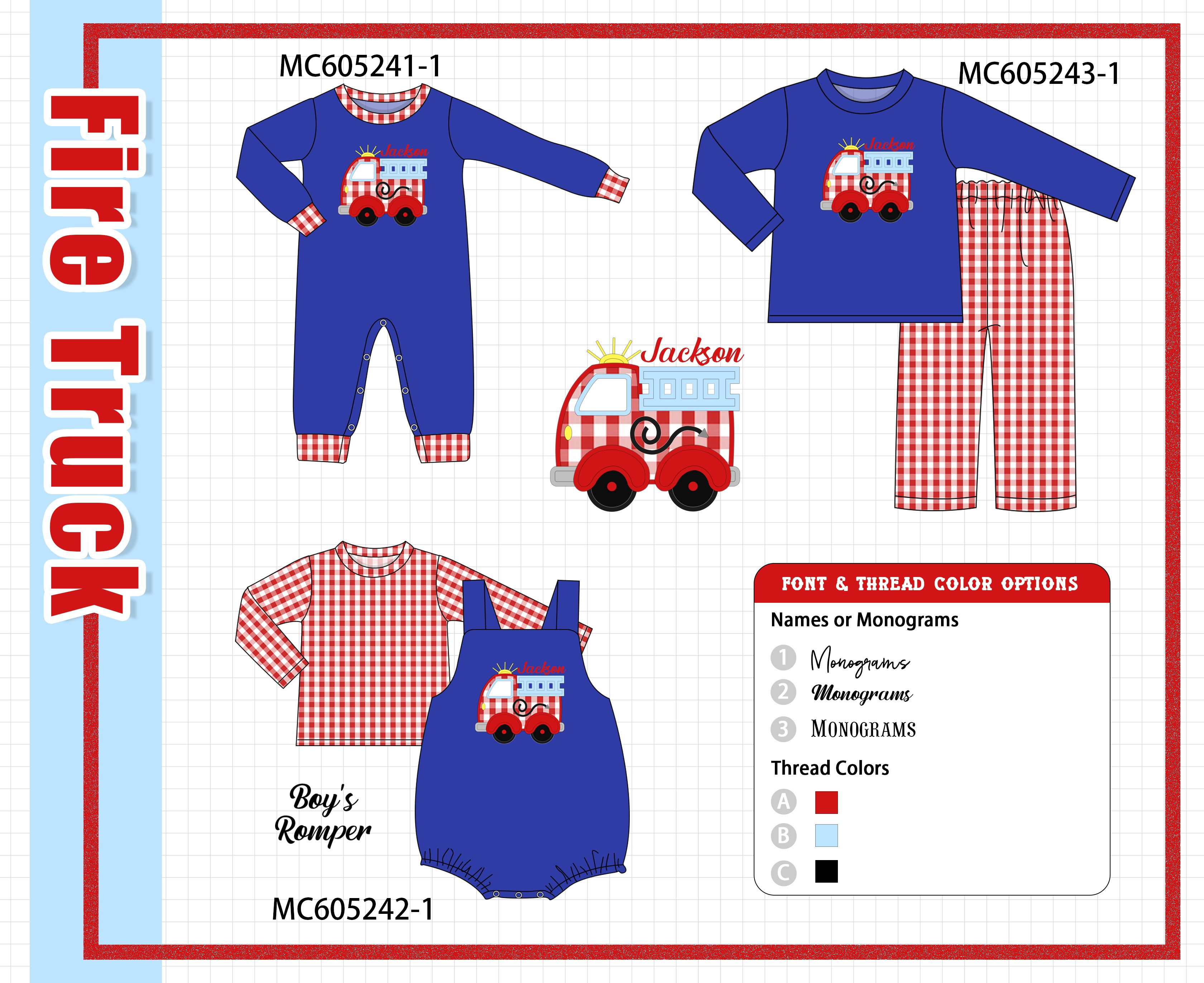 PREORDER Blue Fire Truck Monogram Embroidery Gingham Collection