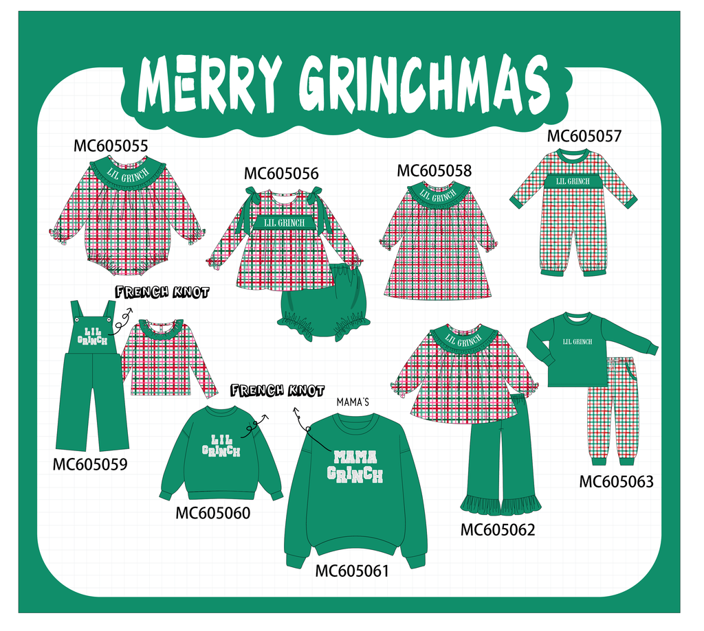 PREORDER Green christmas LIL GRINCH french knot plaid collection