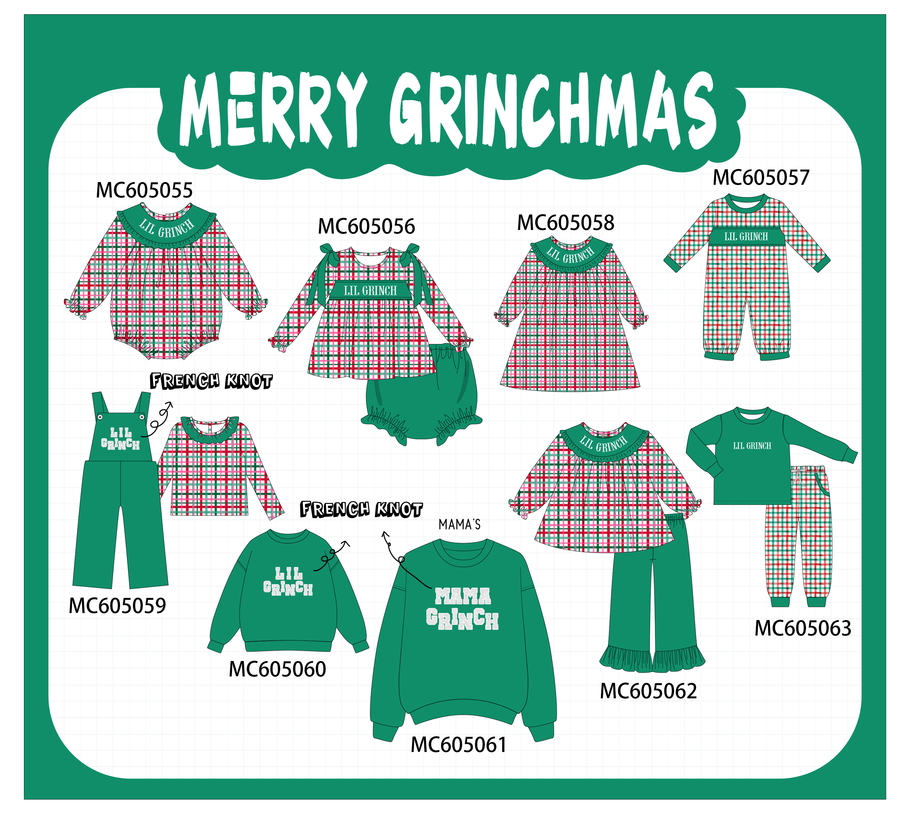 PREORDER Green christmas LIL GRINCH french knot plaid collection