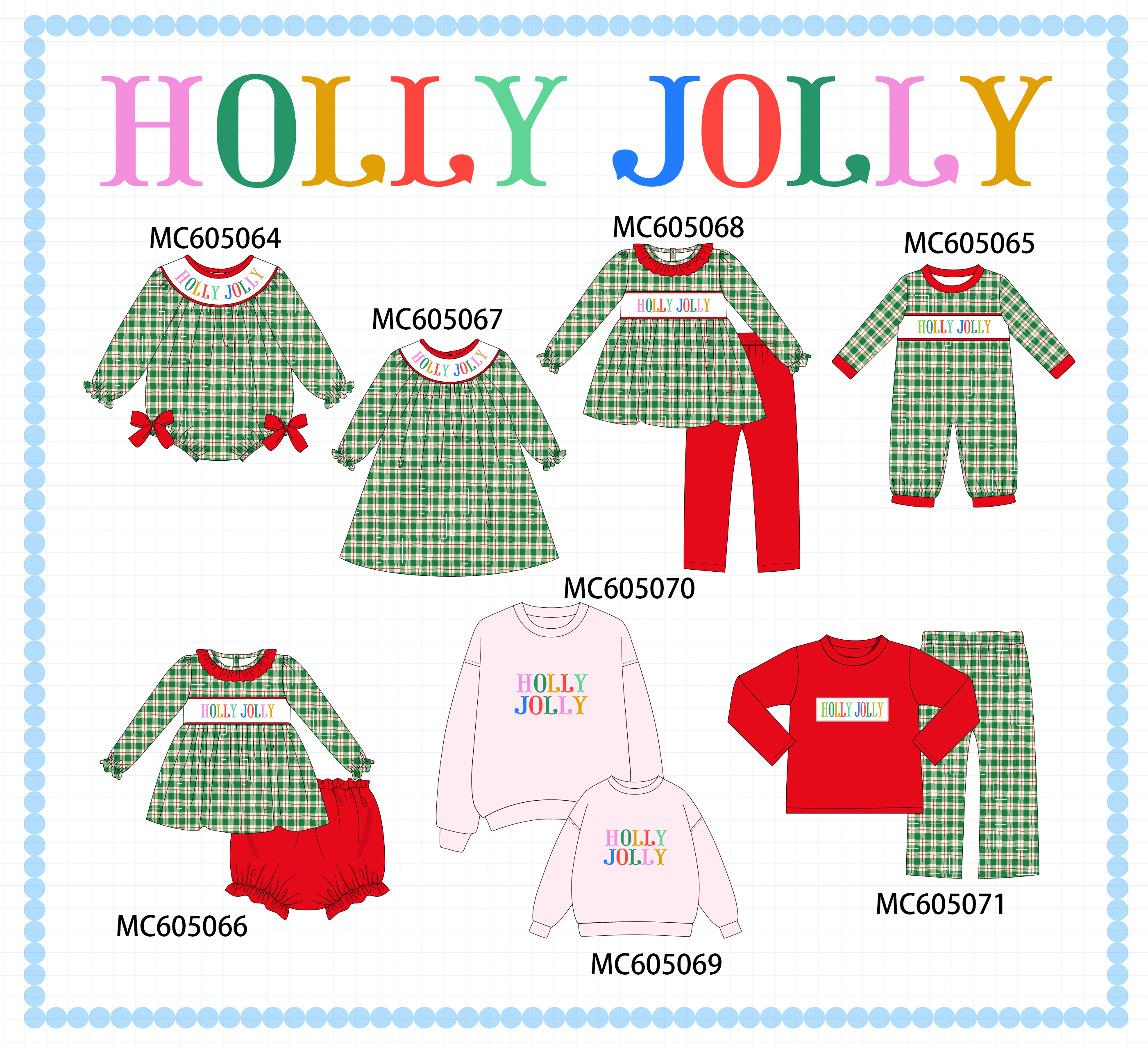 PREORDER Green plaid HOLLY JOLLY embroidery collection