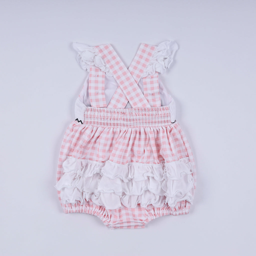 Pink character hand smocked gingham ruffle bubble
