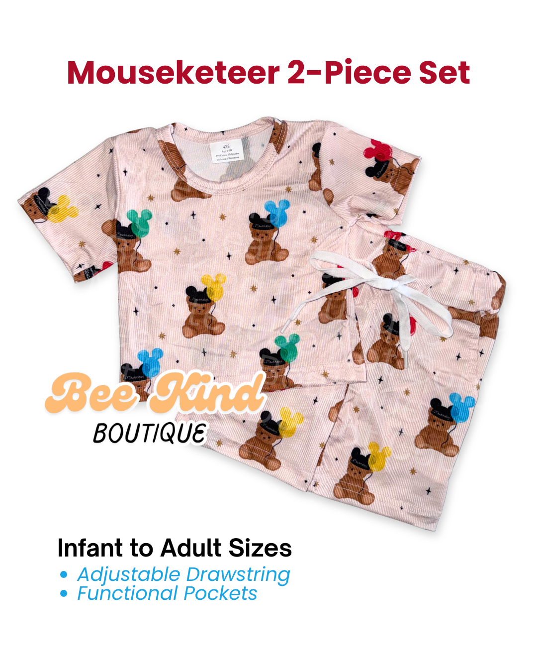 Two-piece pajama set with cartoon teddy bears with mouse shaped balloon pattern on a beige background, branded as Bee Kind Boutique.