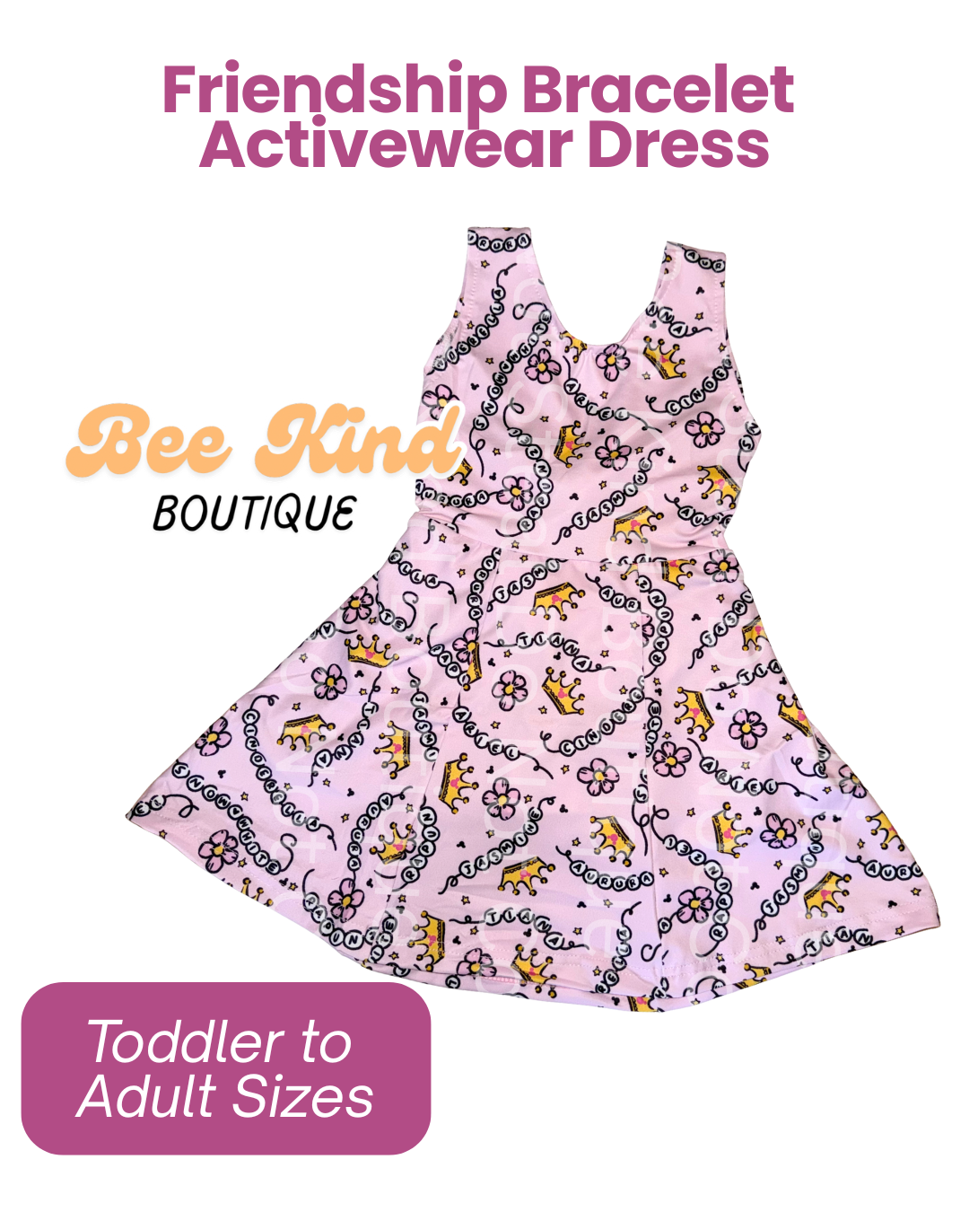 Pink sleeveless activewear dress with crown and flower pattern on a pink background