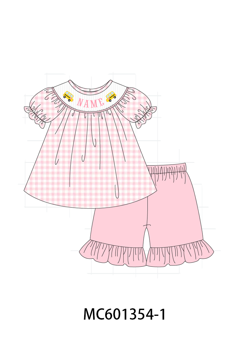 PO80 Pink back to school bus monogram smocked collection