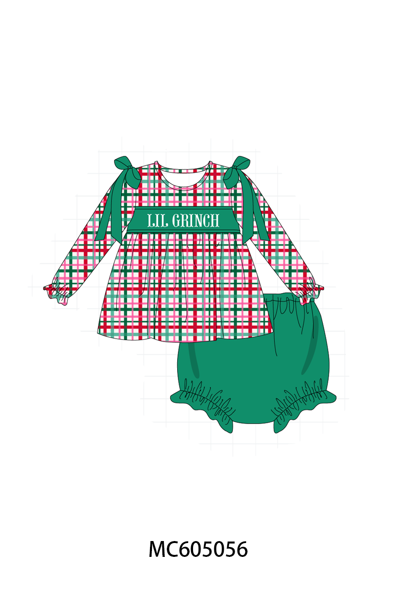 PREORDER Green christmas LIL GRINCH french knot plaid collection