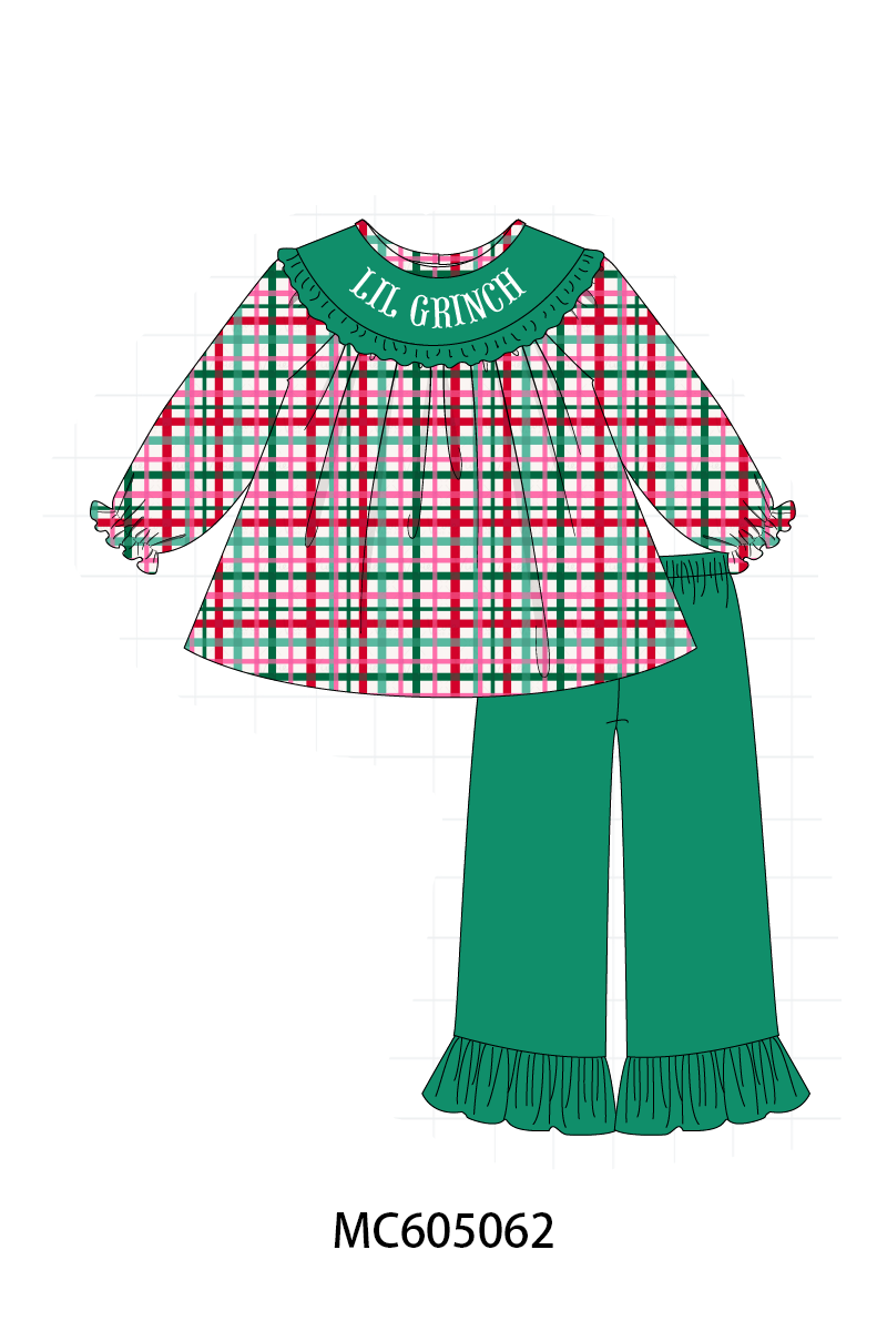 PREORDER Green christmas LIL GRINCH french knot plaid collection