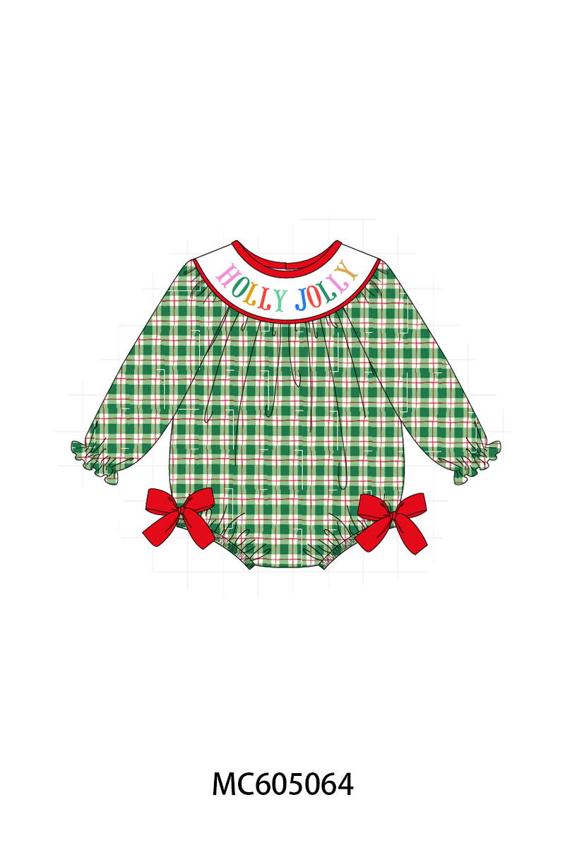 PREORDER Green plaid HOLLY JOLLY embroidery collection