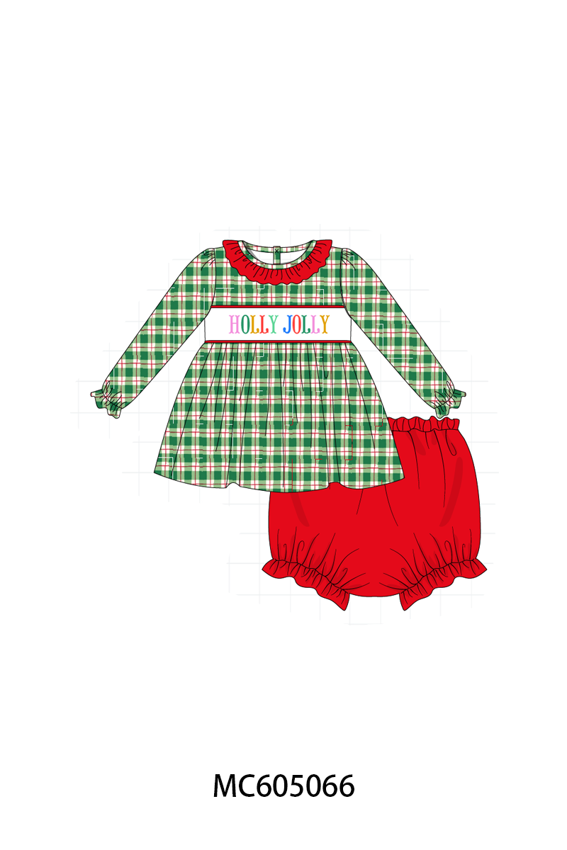 PREORDER Green plaid HOLLY JOLLY embroidery collection