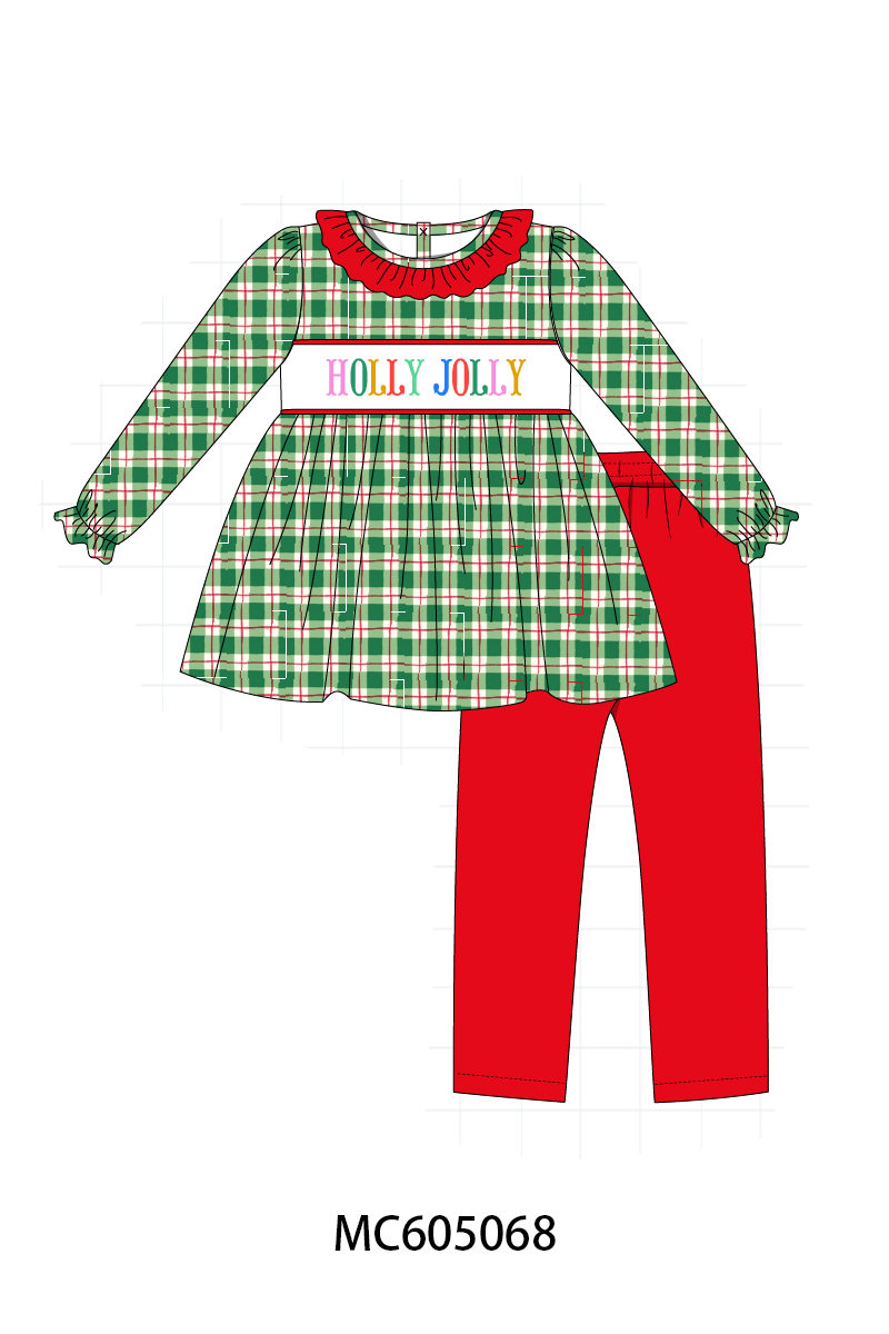 PREORDER Green plaid HOLLY JOLLY embroidery collection