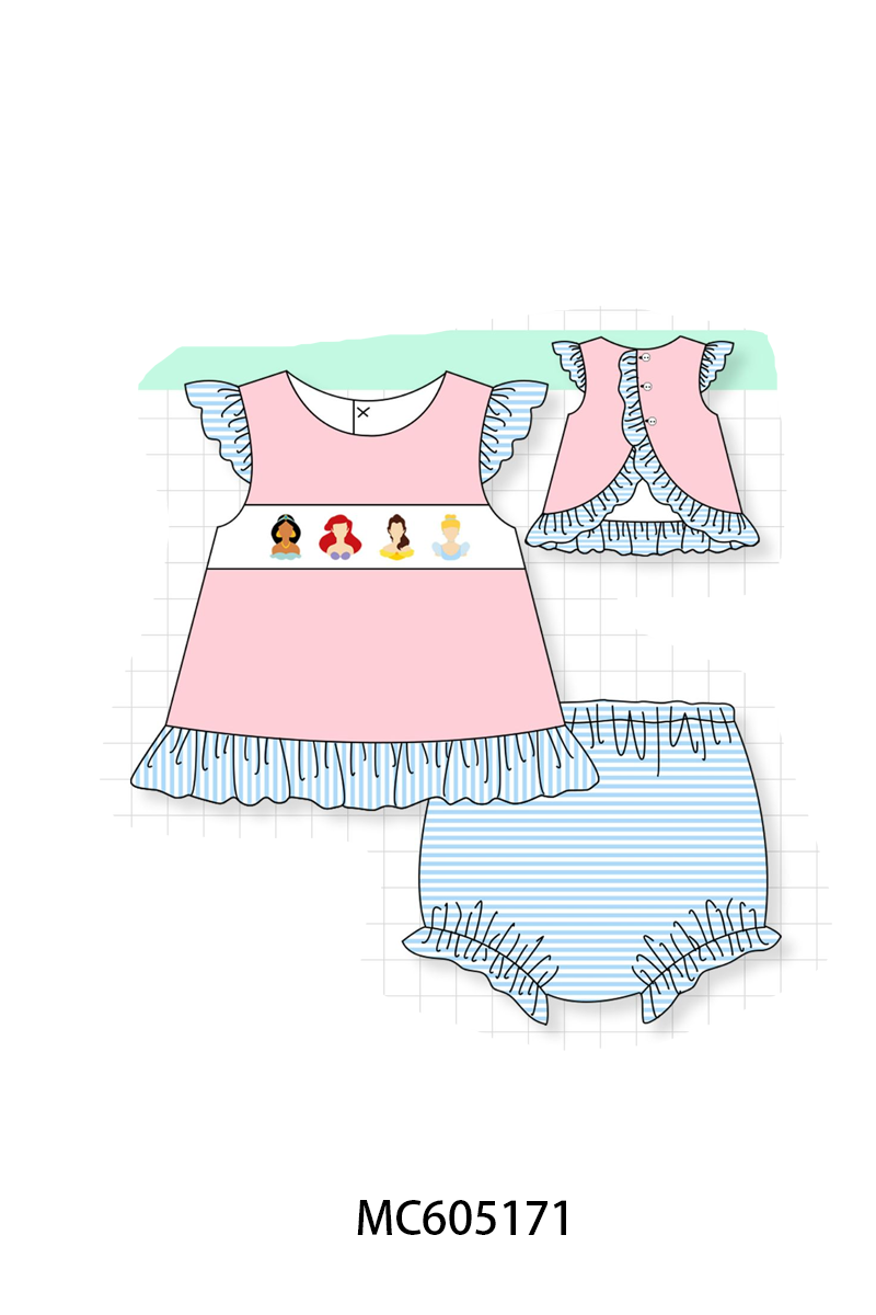 PO92 Pink & Blue Stripe Princess Embroidery Ruffle Collection