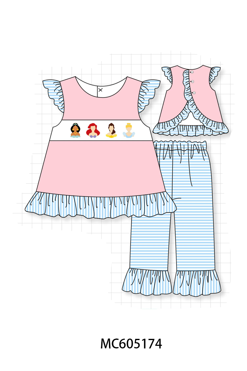 PO92 Pink & Blue Stripe Princess Embroidery Ruffle Collection