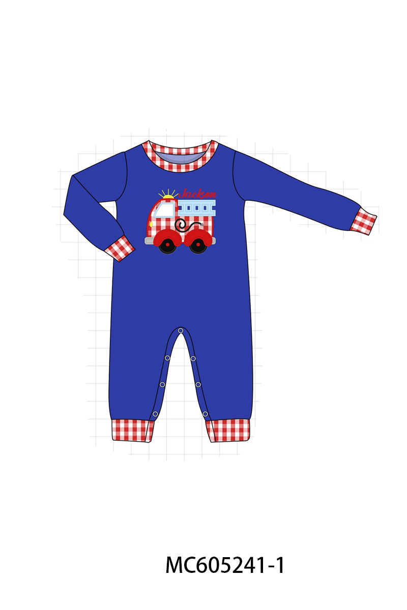 PREORDER Blue Fire Truck Monogram Embroidery Gingham Collection