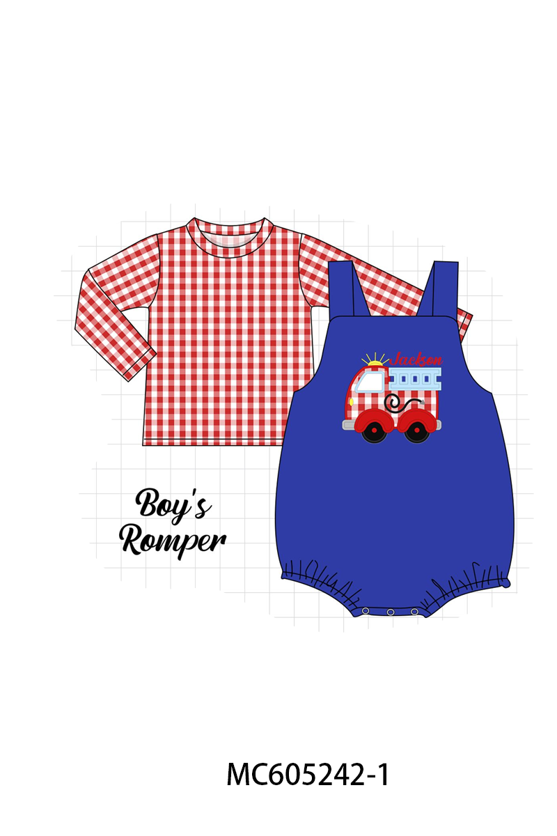 PREORDER Blue Fire Truck Monogram Embroidery Gingham Collection