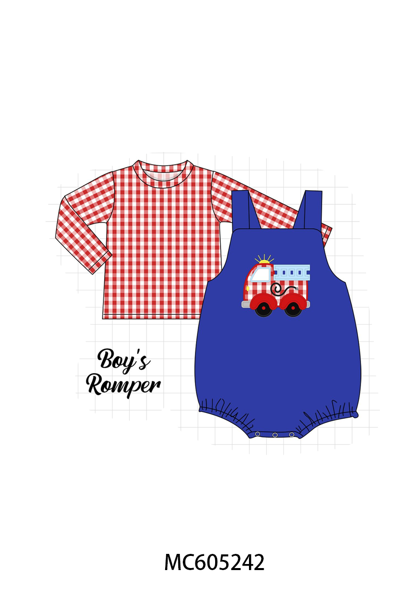 PREORDER Blue Fire Truck Applique Gingham Collection