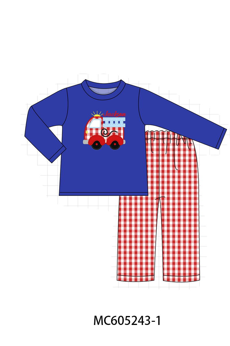 PREORDER Blue Fire Truck Monogram Embroidery Gingham Collection