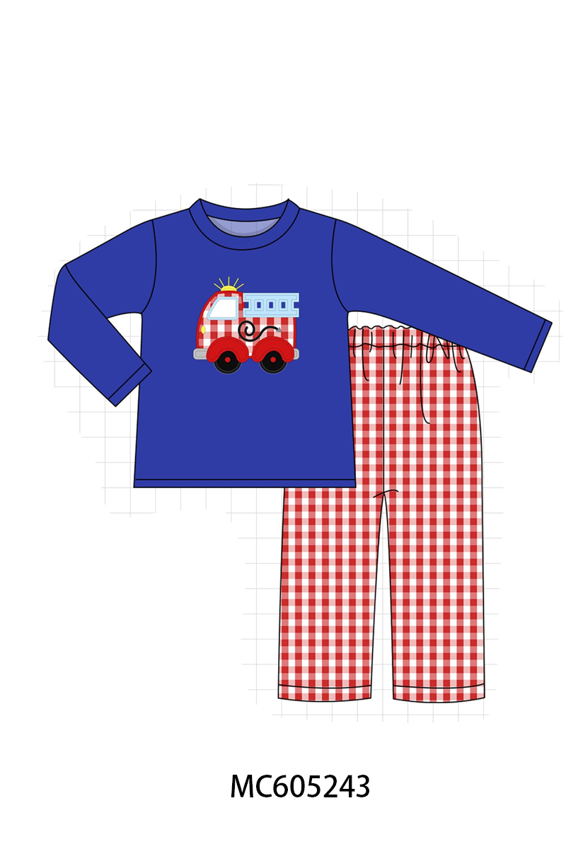 PREORDER Blue Fire Truck Applique Gingham Collection