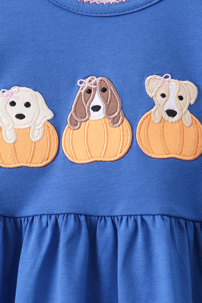 Royal blue puppy pumpkin embroidery pants set