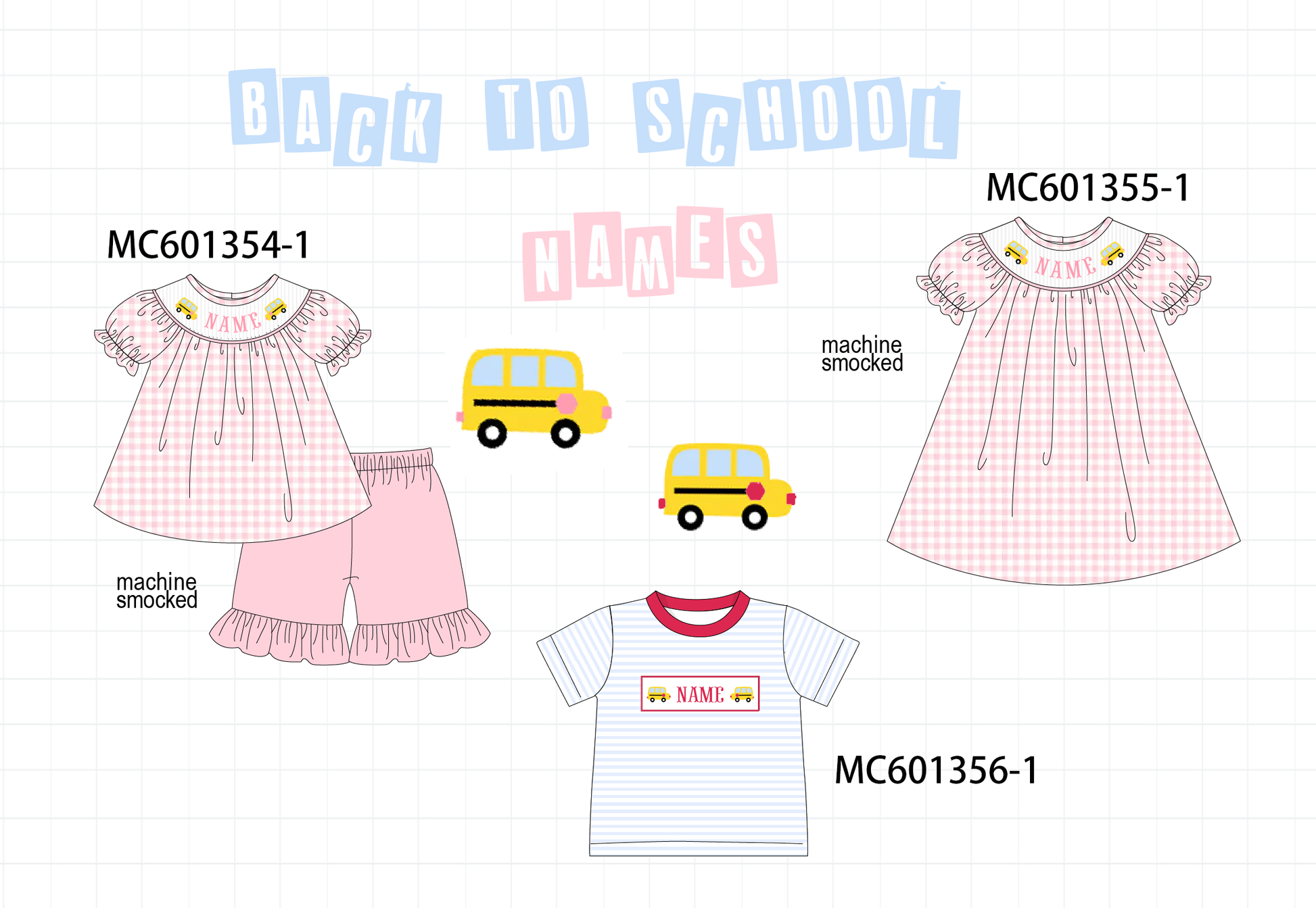 PO80 Pink back to school bus monogram smocked collection