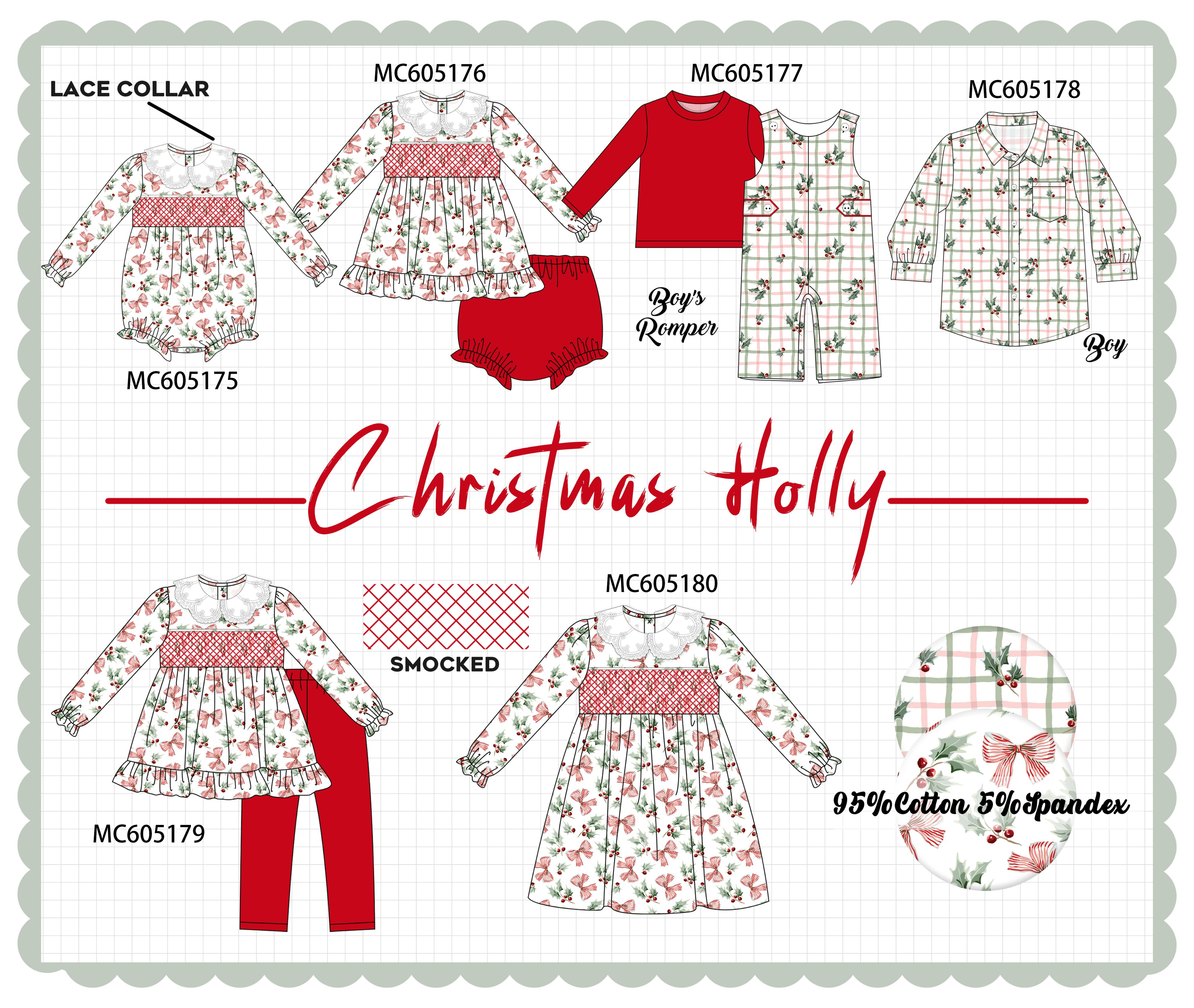 PREORDER Red Christmas Holly Bow Smocked Collection