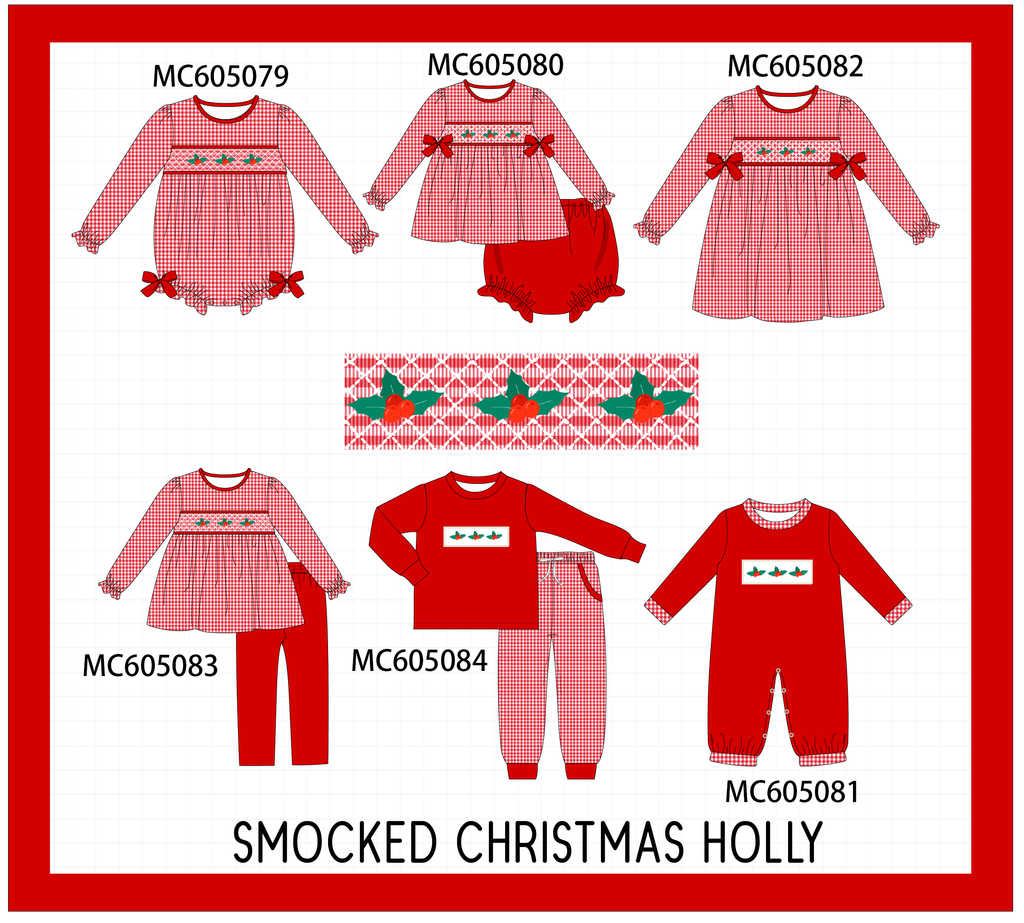 PREORDER Red christmas holly smocked collection