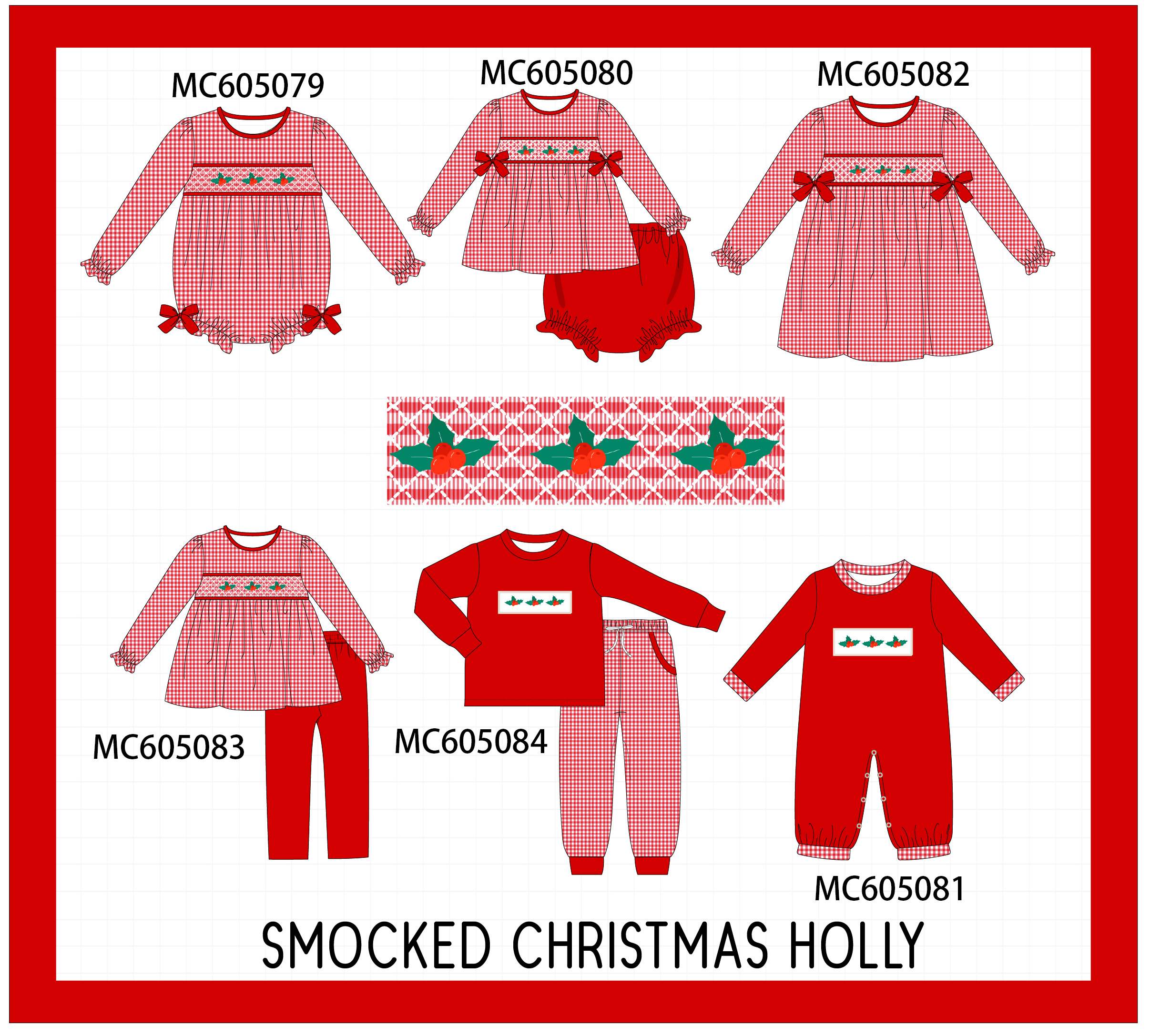 PREORDER Red christmas holly smocked collection