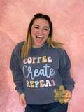 "Coffee Create Repeat" Retro Comfort Colors Crewneck