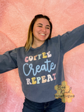 "Coffee Create Repeat" Retro Comfort Colors Crewneck