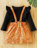 Fall Toddler Two Piece Ruffle Trimmed Top and Orange Pumpkin Pinafore Skirt Outfit