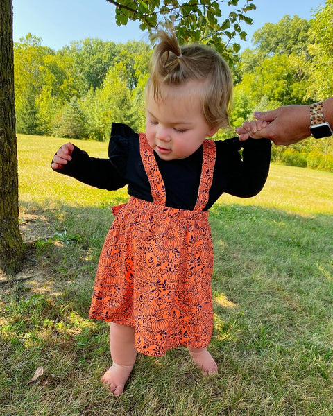 Fall Toddler Two Piece Ruffle Trimmed Top and Orange Pumpkin Pinafore Skirt Outfit