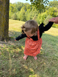 Fall Toddler Two Piece Ruffle Trimmed Top and Orange Pumpkin Pinafore Skirt Outfit