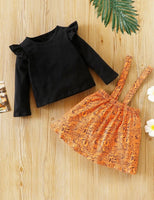 Fall Toddler Two Piece Ruffle Trimmed Top and Orange Pumpkin Pinafore Skirt Outfit