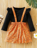 Fall Toddler Two Piece Ruffle Trimmed Top and Orange Pumpkin Pinafore Skirt Outfit